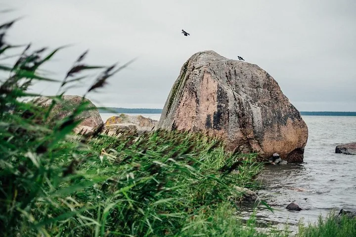 Grande formation rocheuse près de l'eau, avec des oiseaux qui volent au-dessus.