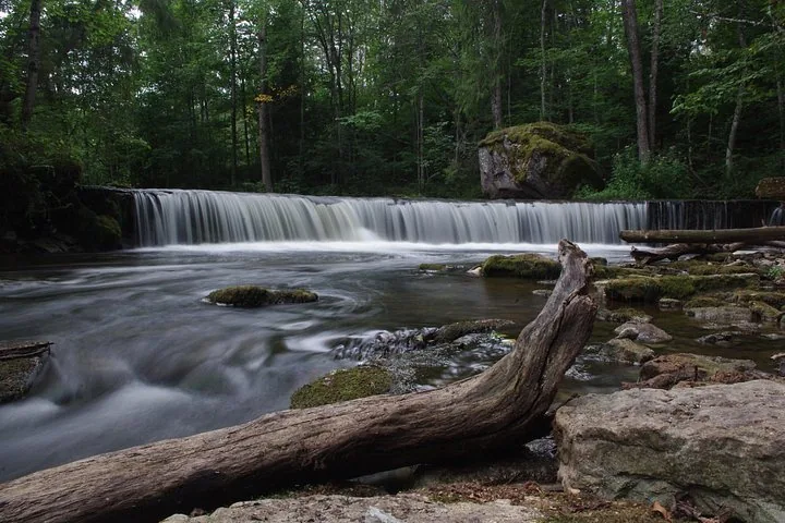 Breiter Wasserfall, der in einem üppigen Wald über eine Felskante fließt.